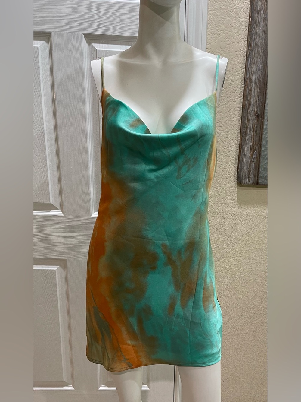 12th Tribe Tie-Dye Satin Cowl Neck Mini Dress Size Small NWOT